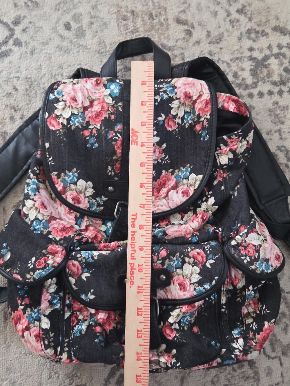 Olsenboye Black Floral Canvas Backpack Black Faux Leather Trim Boho Rucksack - Picture 9 of 11